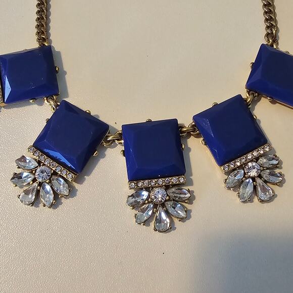 J Crew Art Deco Blue Square & Crystal Statement Necklace on Gold Chain - Picture 3 of 7